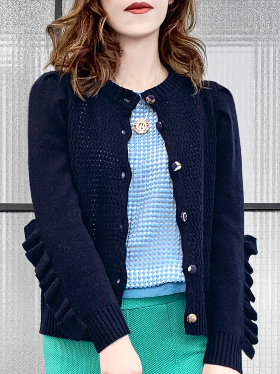 Surprise Sale! Dark Navy Scallop Placket Ruffle Trim Wool & Cashmere Cardigan