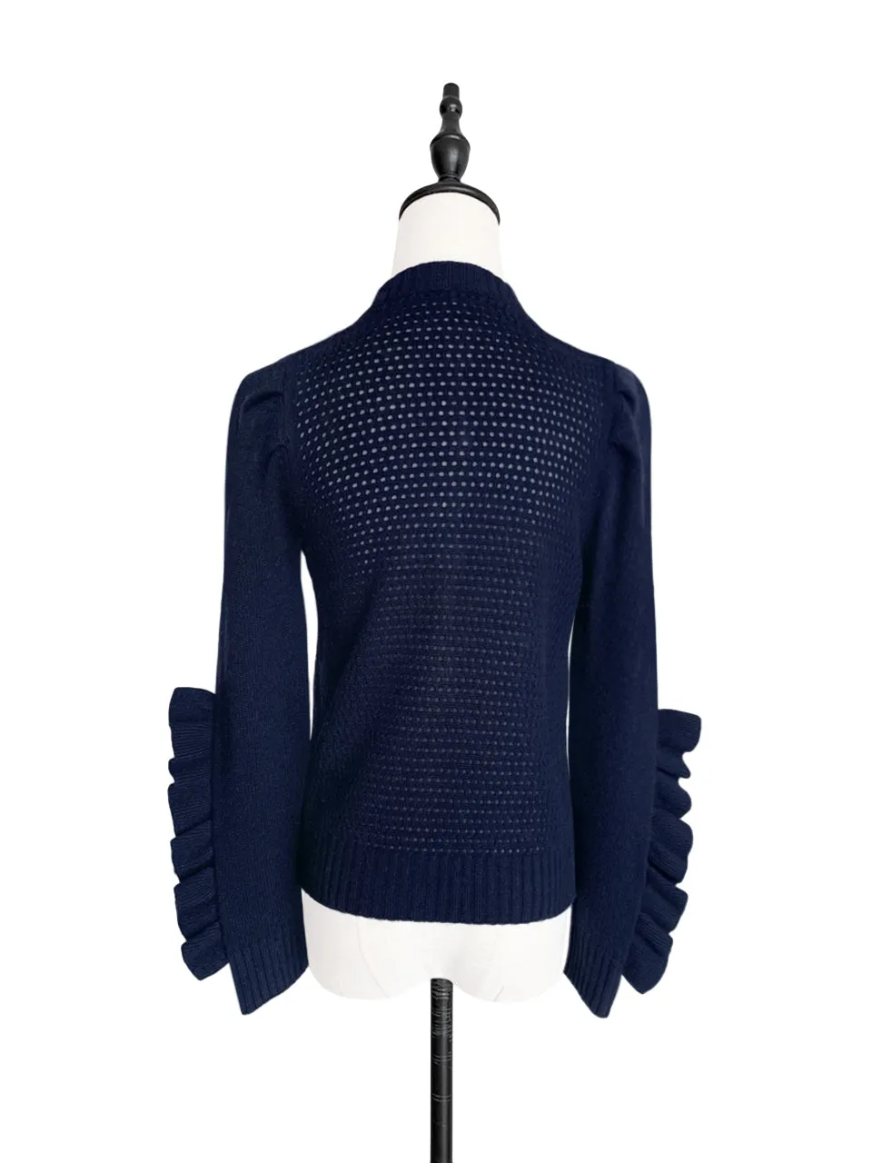 Surprise Sale! Dark Navy Scallop Placket Ruffle Trim Wool & Cashmere Cardigan