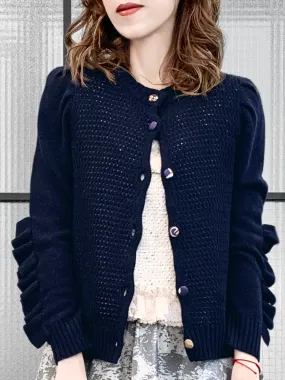 Surprise Sale! Dark Navy Scallop Placket Ruffle Trim Wool & Cashmere Cardigan