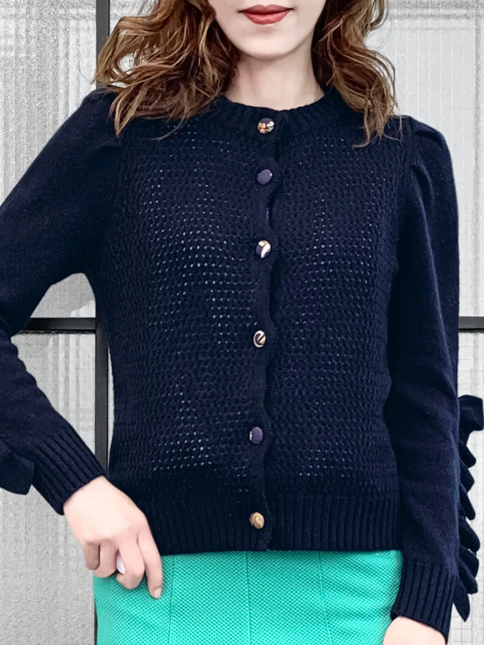 Surprise Sale! Dark Navy Scallop Placket Ruffle Trim Wool & Cashmere Cardigan