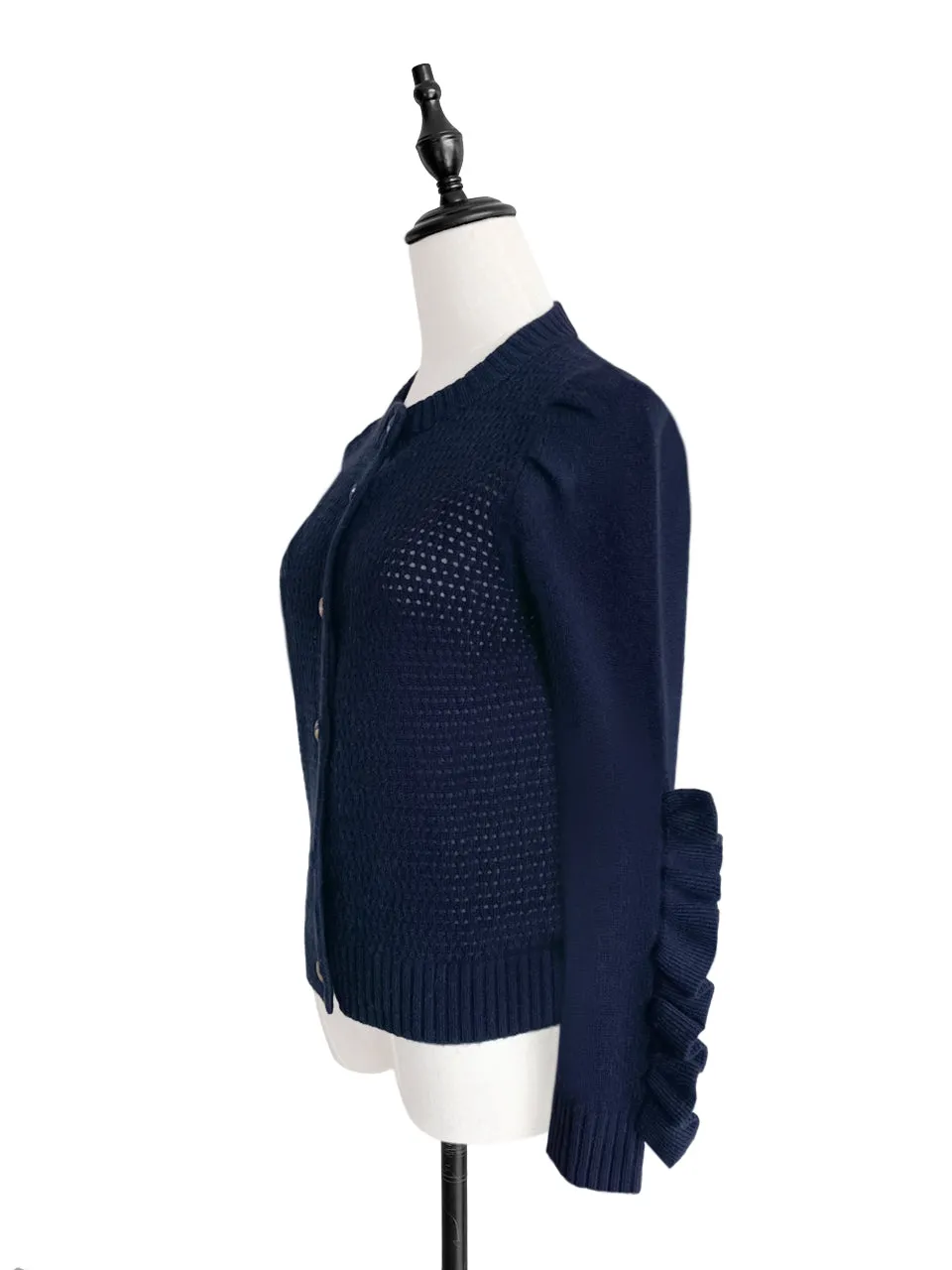 Surprise Sale! Dark Navy Scallop Placket Ruffle Trim Wool & Cashmere Cardigan