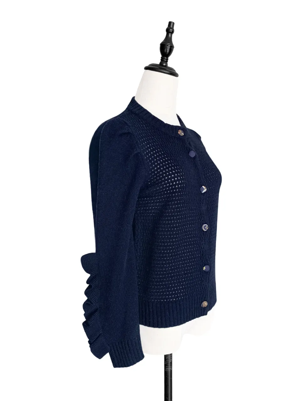 Surprise Sale! Dark Navy Scallop Placket Ruffle Trim Wool & Cashmere Cardigan