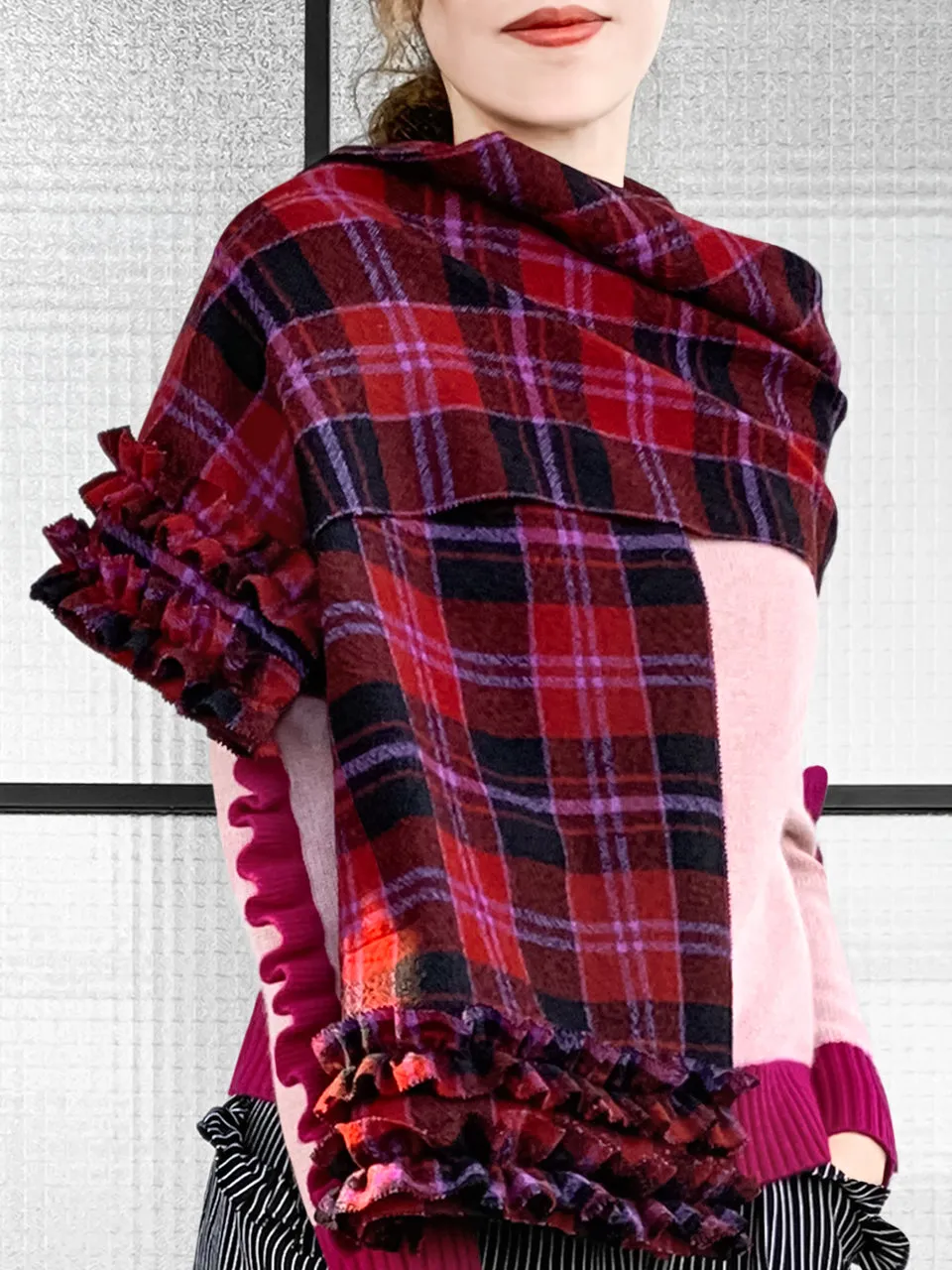 Surprise Sale! Red Plaid Pleated Ruffle Trim Check Woollen Scarf