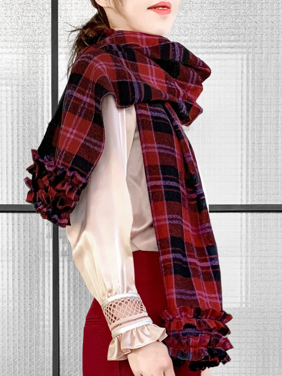 Surprise Sale! Red Plaid Pleated Ruffle Trim Check Woollen Scarf