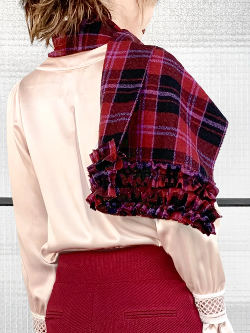 Surprise Sale! Red Plaid Pleated Ruffle Trim Check Woollen Scarf