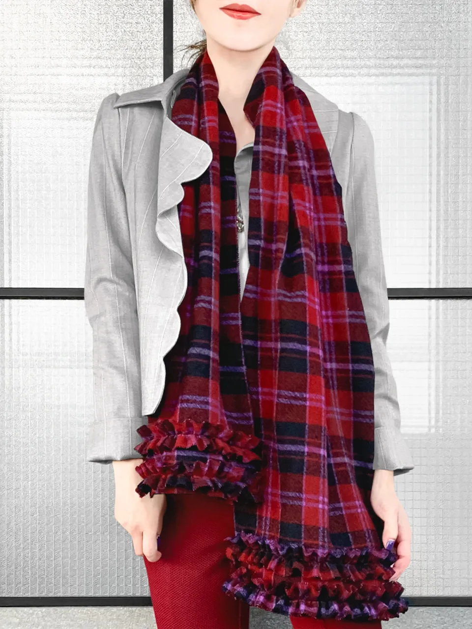 Surprise Sale! Red Plaid Pleated Ruffle Trim Check Woollen Scarf