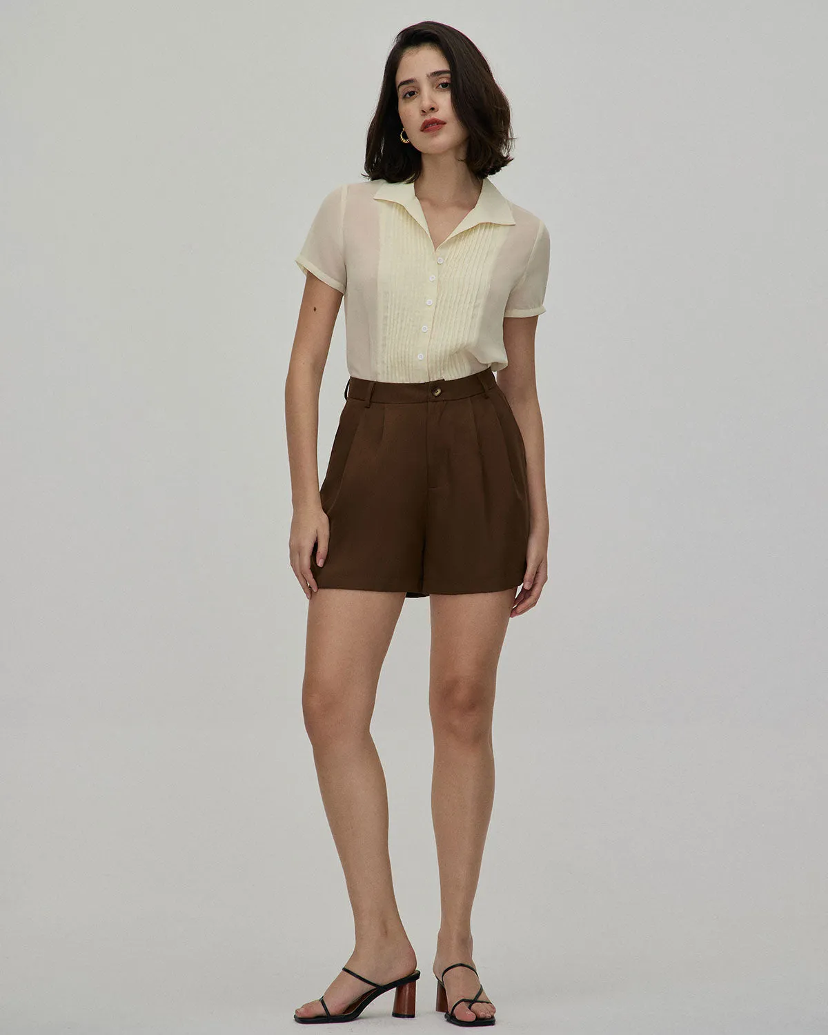 The Beige V Neck Pleated Chiffon Blouse