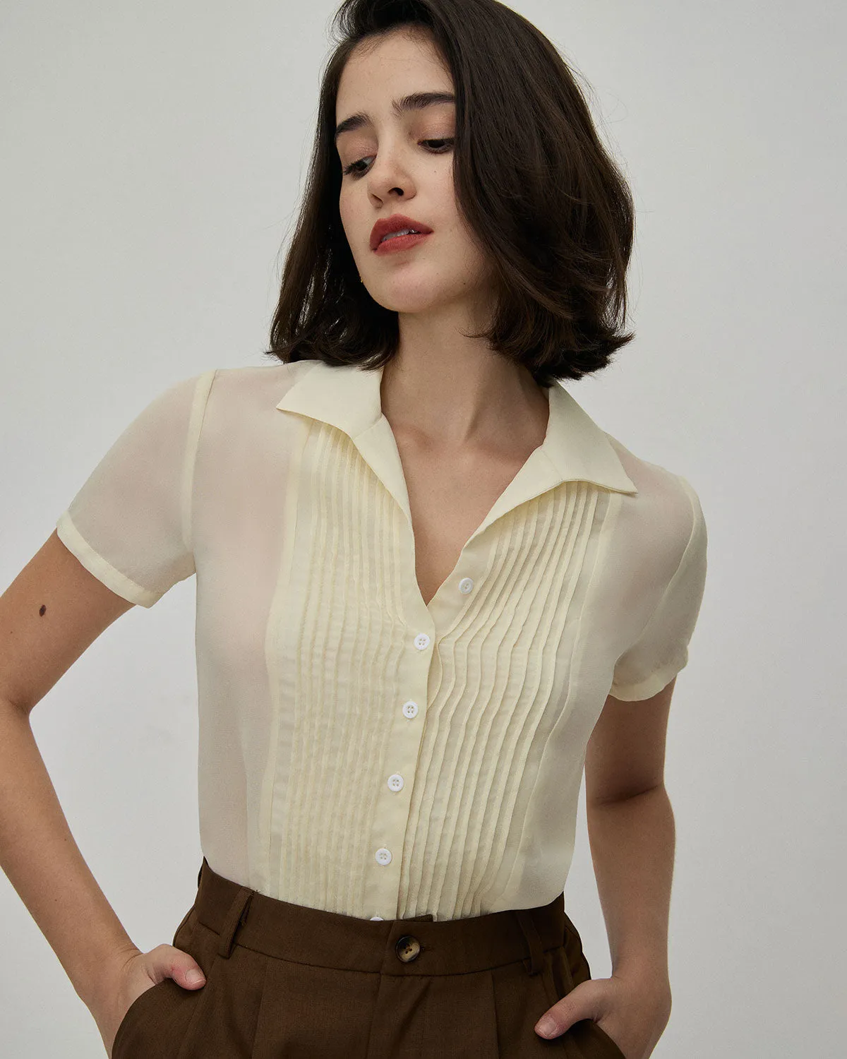 The Beige V Neck Pleated Chiffon Blouse