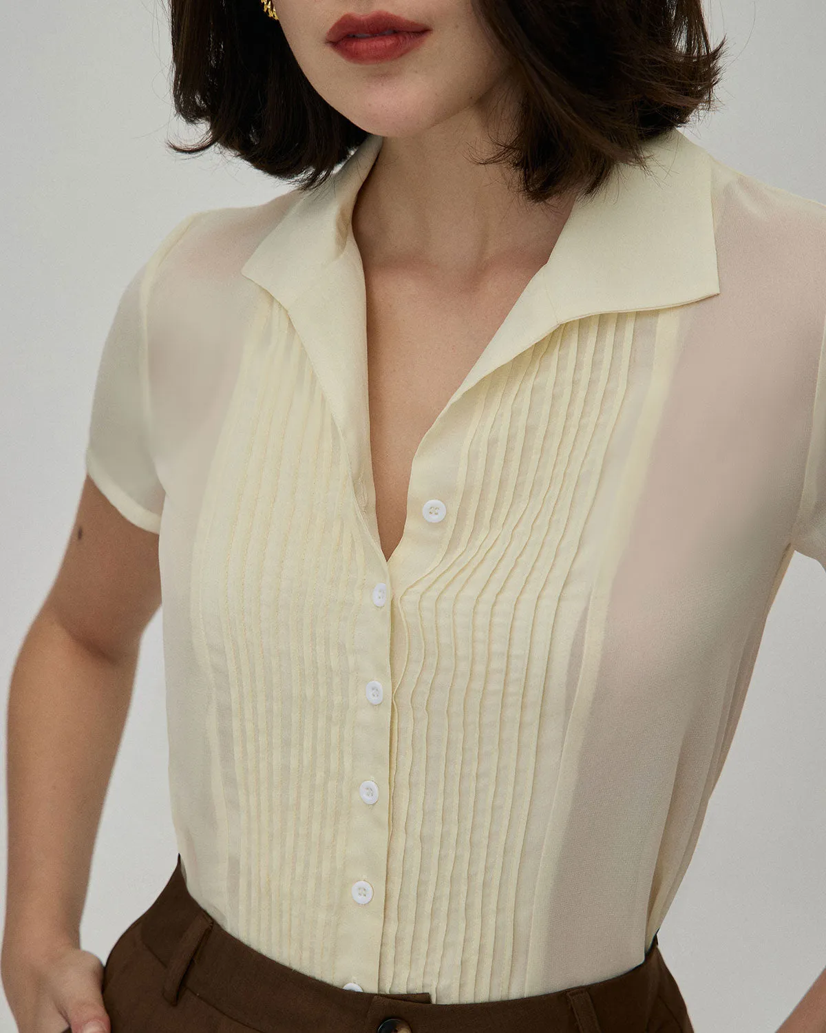 The Beige V Neck Pleated Chiffon Blouse