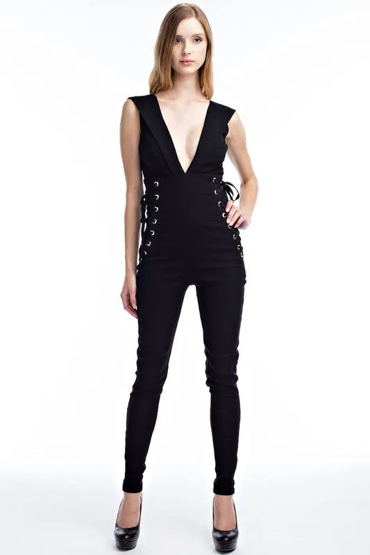 THE MYSTYLEMODE BLACK WITH DEEP SIDE LACE UP JUMPSUIT