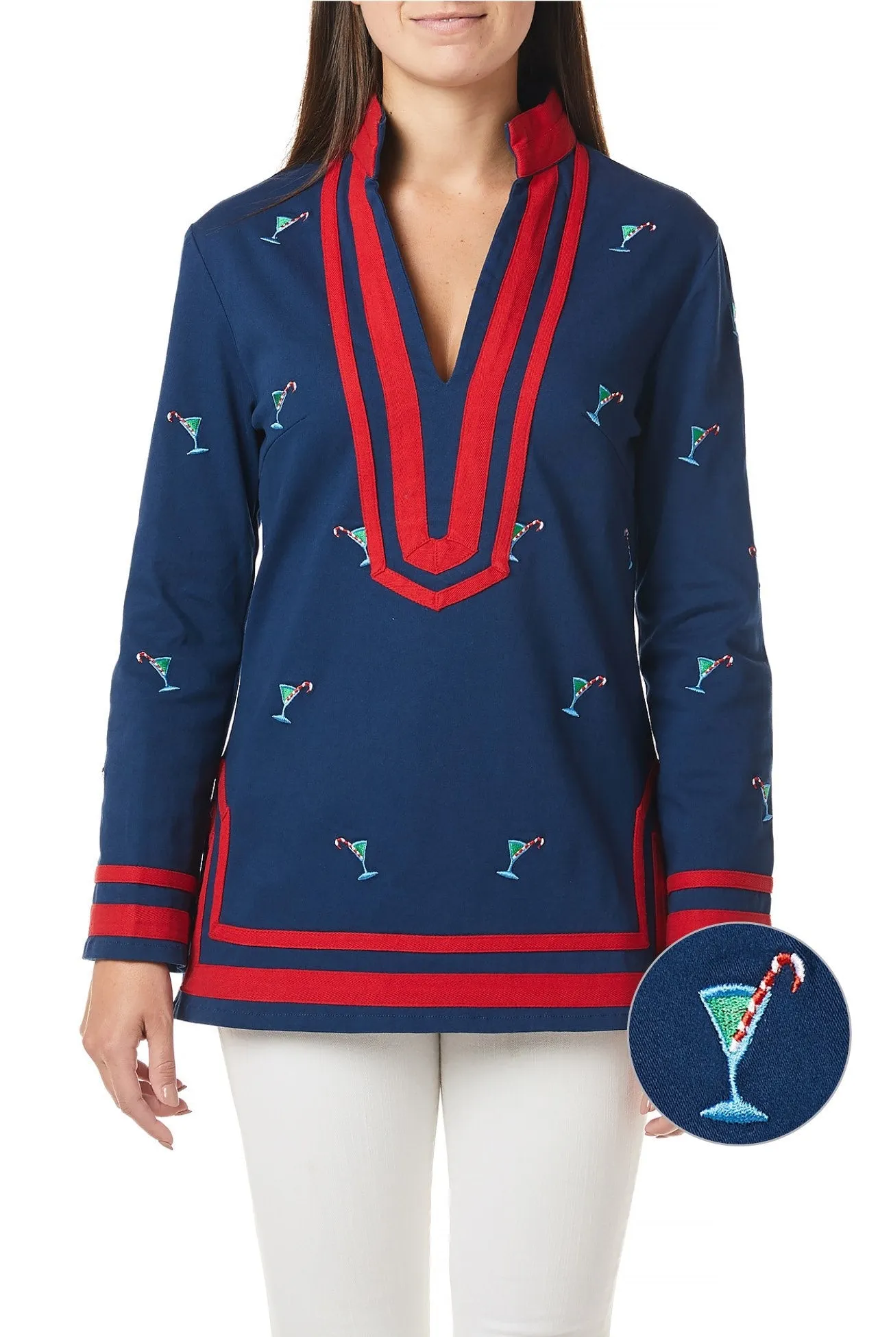 Tunic Top Nantucket Navy with Martini Candy Cane and Red Trim