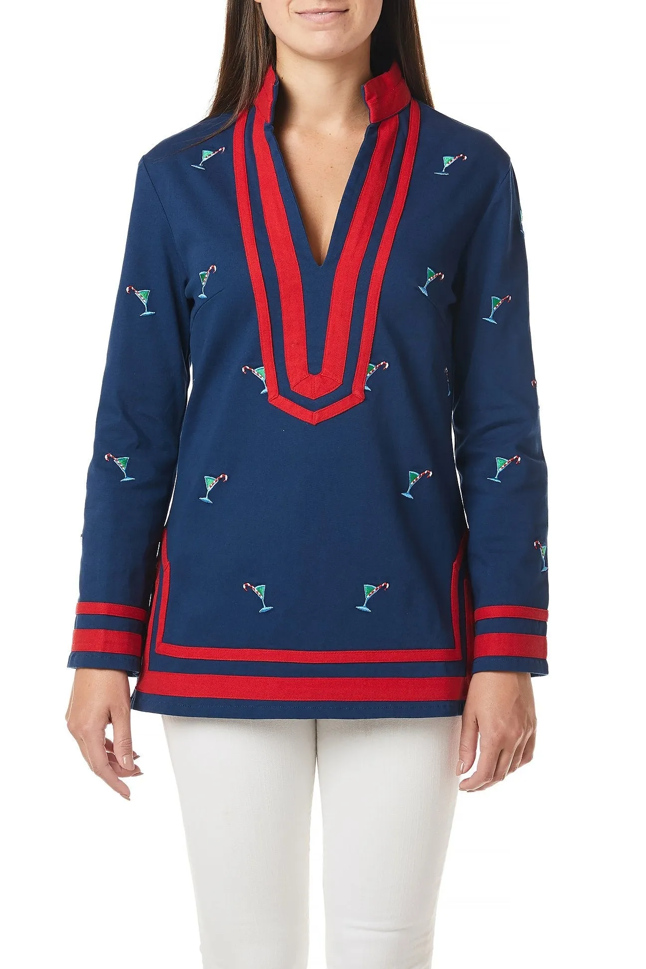 Tunic Top Nantucket Navy with Martini Candy Cane and Red Trim