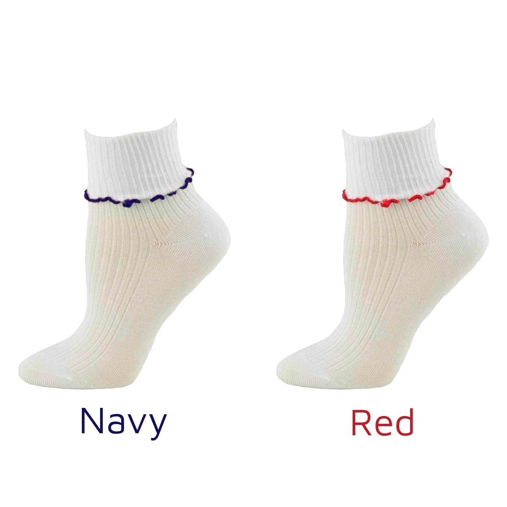 Turn Cuff Lettuce Edge Socks in Combed Cotton Seamless Toe for Girl's Uniform or Dress Up