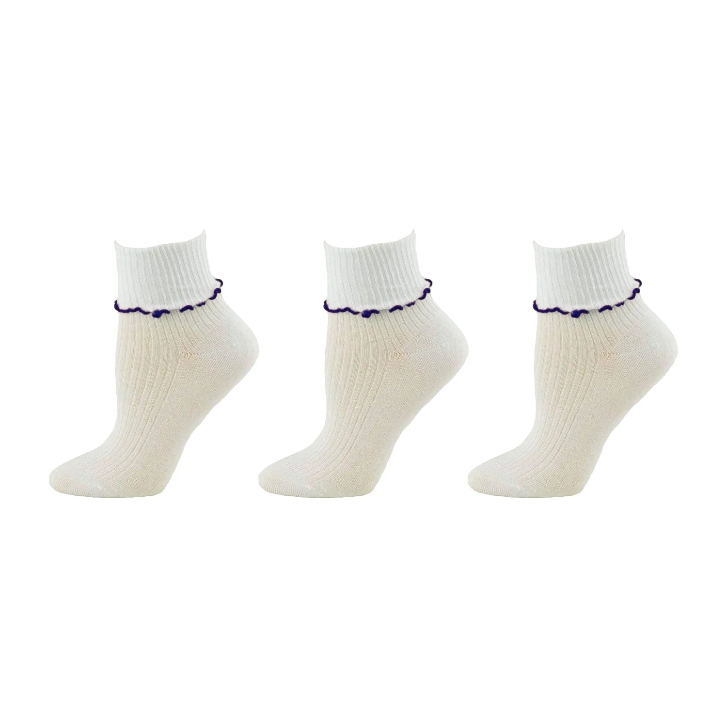 Turn Cuff Lettuce Edge Socks in Combed Cotton Seamless Toe for Girl's Uniform or Dress Up