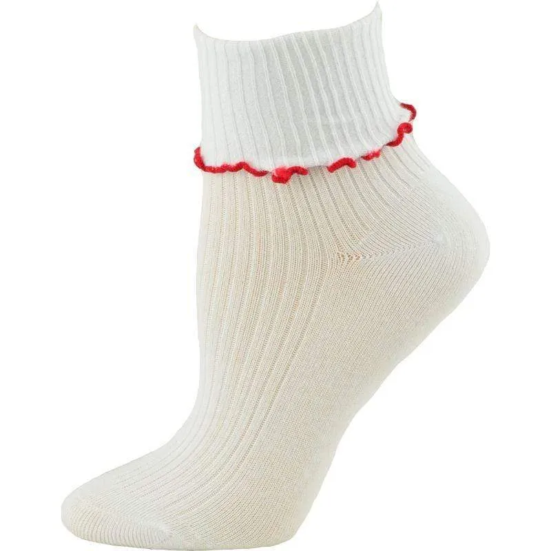 Turn Cuff Lettuce Edge Socks in Combed Cotton Seamless Toe for Girl's Uniform or Dress Up