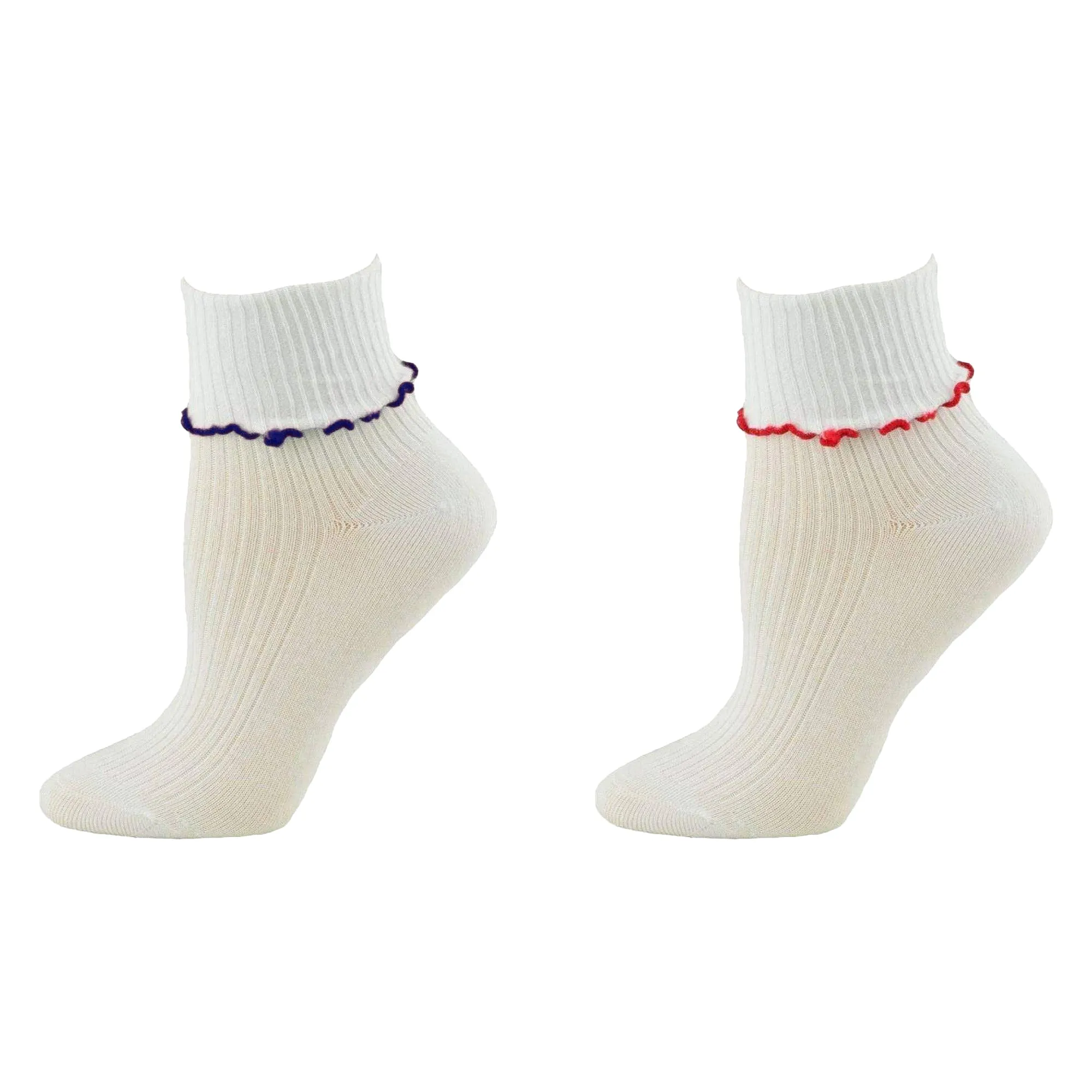 Turn Cuff Lettuce Edge Socks in Combed Cotton Seamless Toe for Girl's Uniform or Dress Up