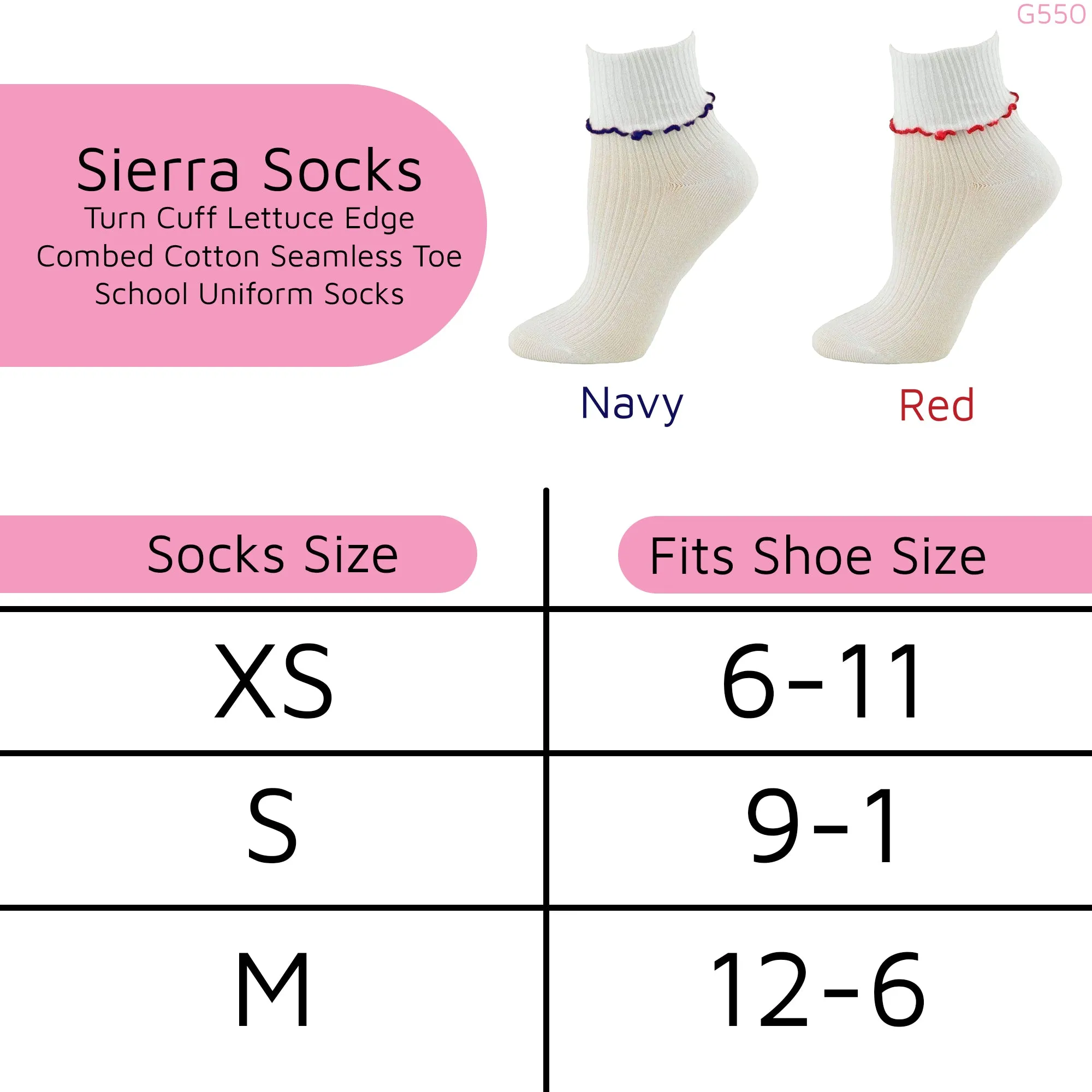 Turn Cuff Lettuce Edge Socks in Combed Cotton Seamless Toe for Girl's Uniform or Dress Up