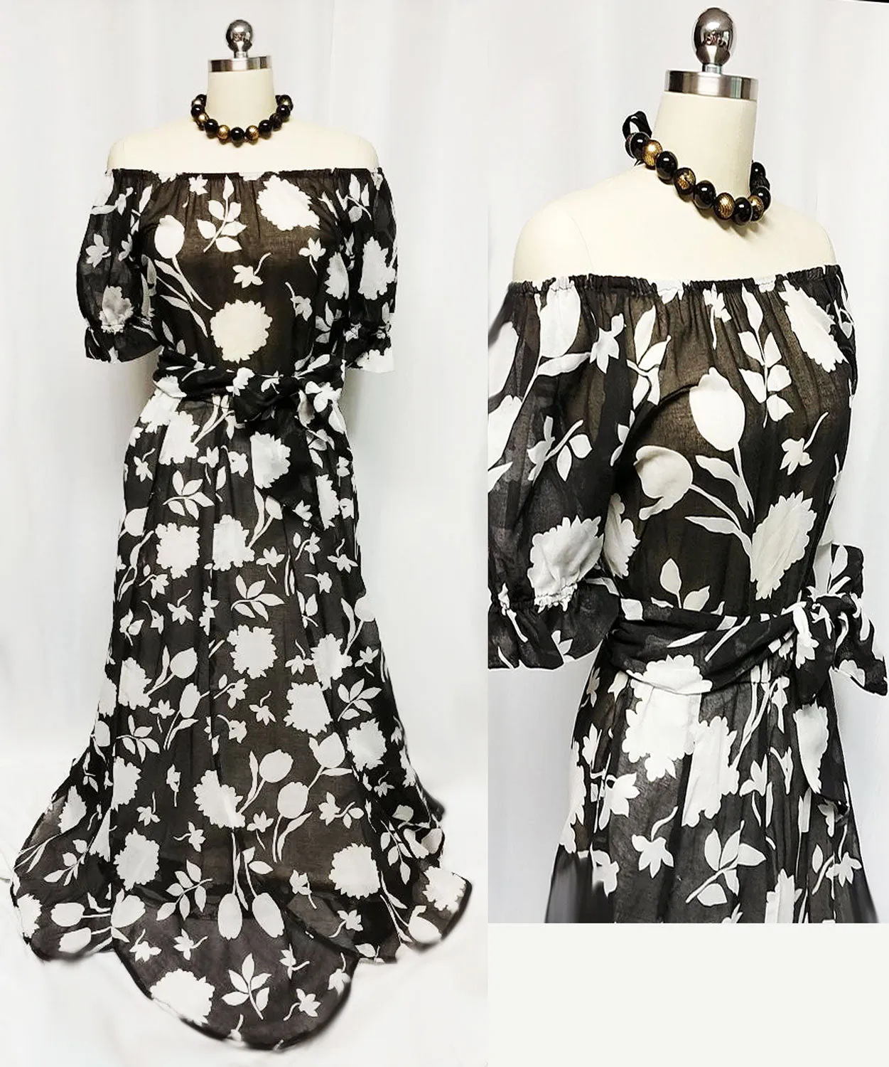 *VINTAGE '70s MR. HANK BLACK & WHITE GAUZY OFF THE SHOULDER BLOUSE & SCALLOPED SKIRT ENSEMBLE WITH MATCHING BELT