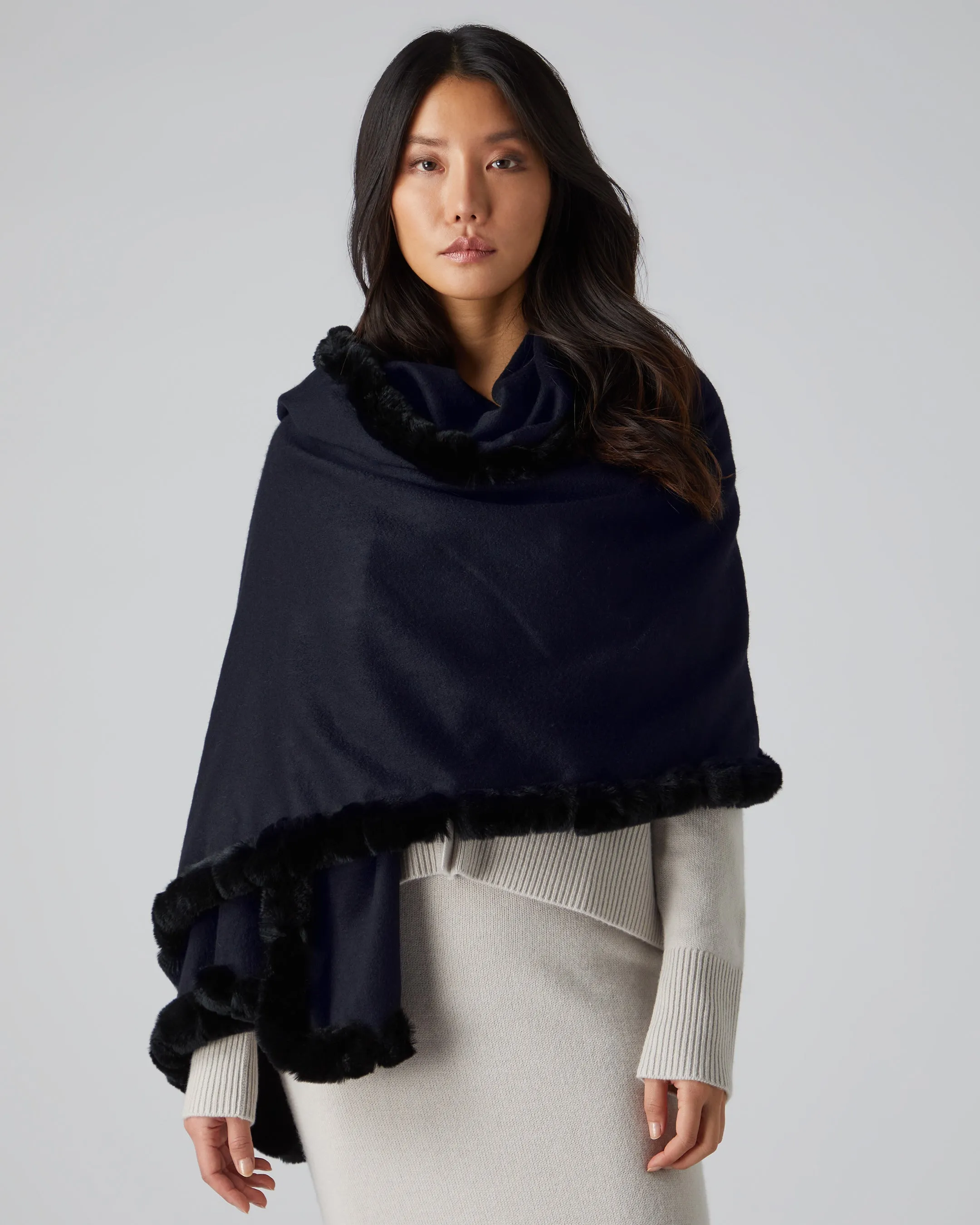 Women's Meribel Woven Fur Trim Cashmere Shawl Navy Blue